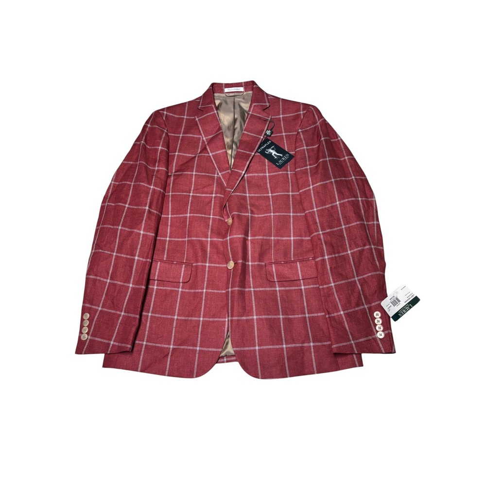 NWT Lauren Ralph Lauren Mens 40L Red Grey Windowpane Linen Ultraflex Sport Coat